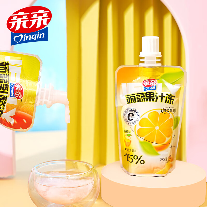 领78-58券:亲亲 蒟蒻吸吸果冻 乳酸果汁果冻 （水果味）60g/袋拍20支19.6免邮，折0.98元/袋，美味0脂肪，纯插图